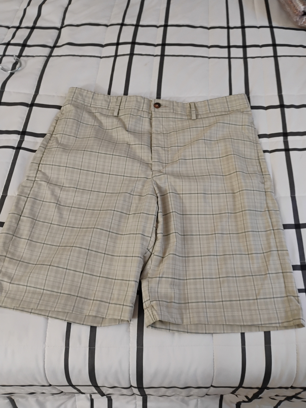 Greg Norman Collection Plaid Flat-Front Shorts in Beige
